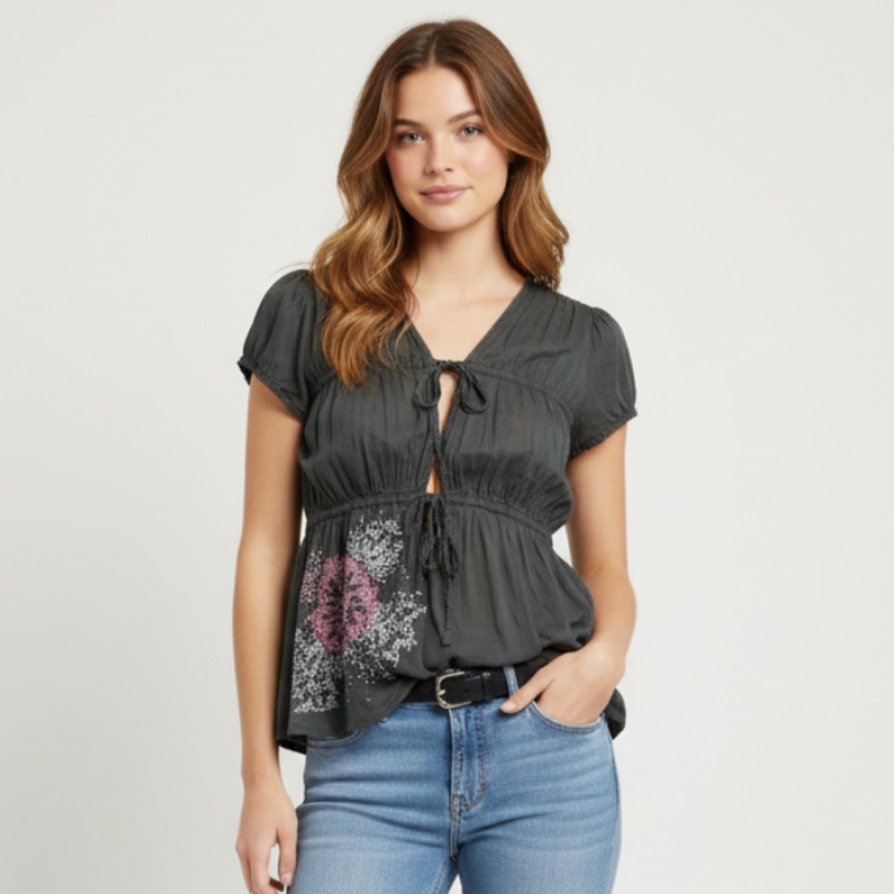 French Connection Y2K‎ Floral Embroidered Cotton Tier Top, 10